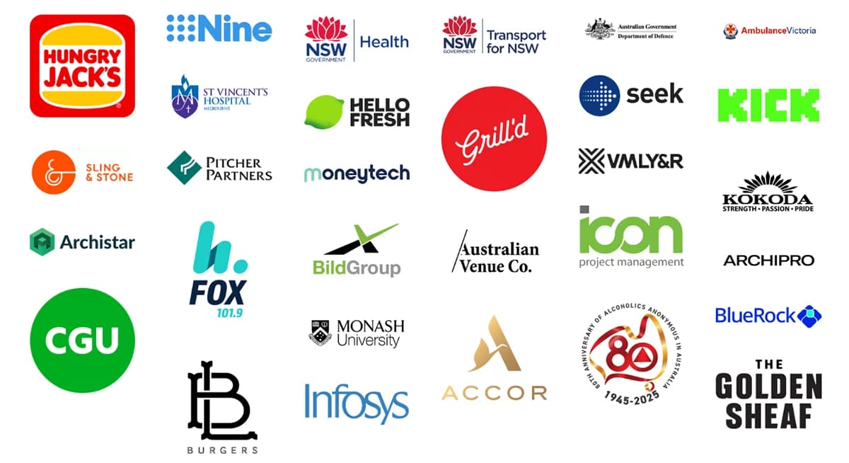 Logos of brands Party Hero's founder has organised events for, including Hungry Jack's, Nine, Seek, Grill'd and Accor