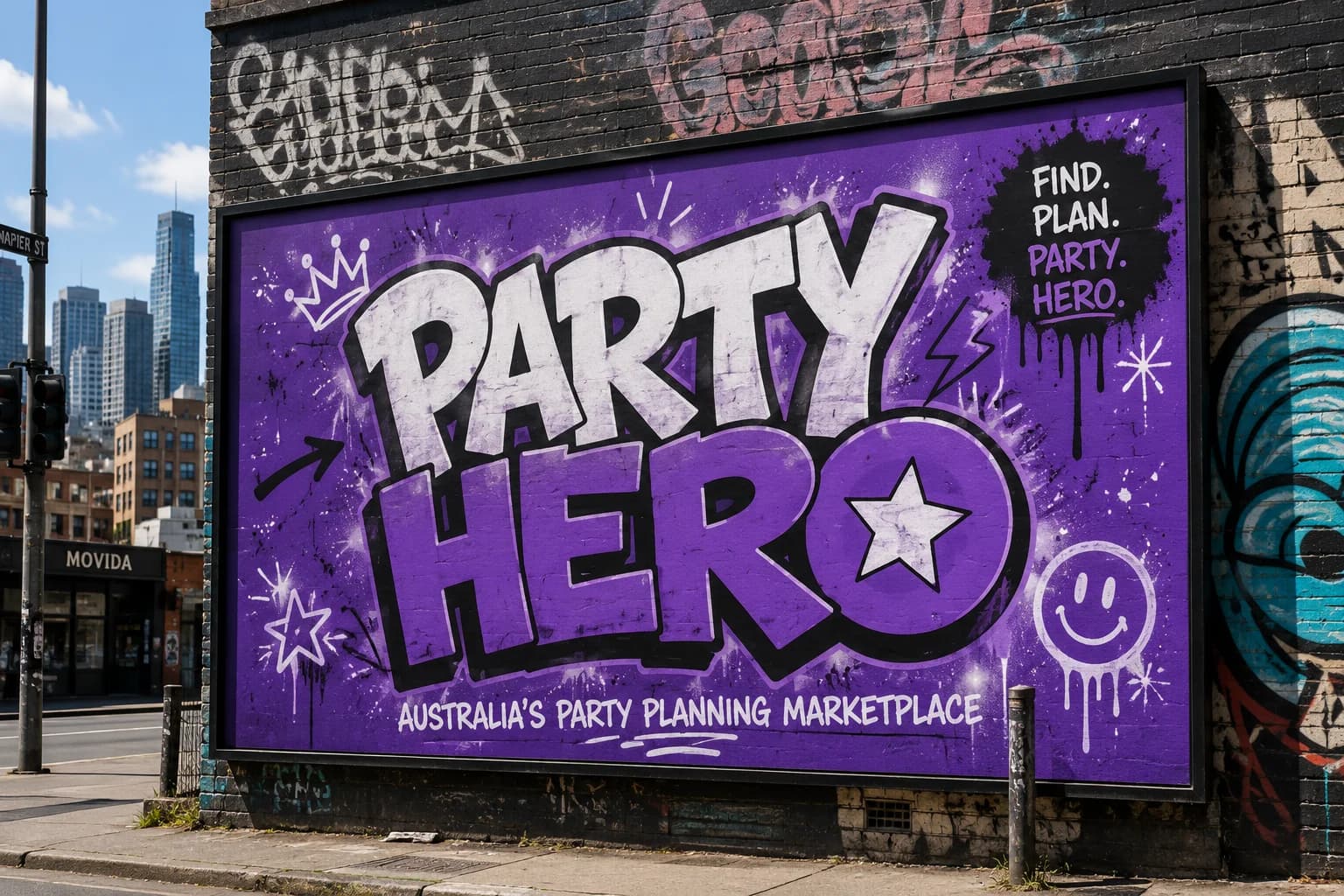 A purple Party Hero billboard mural painted graffiti-style on a city wall