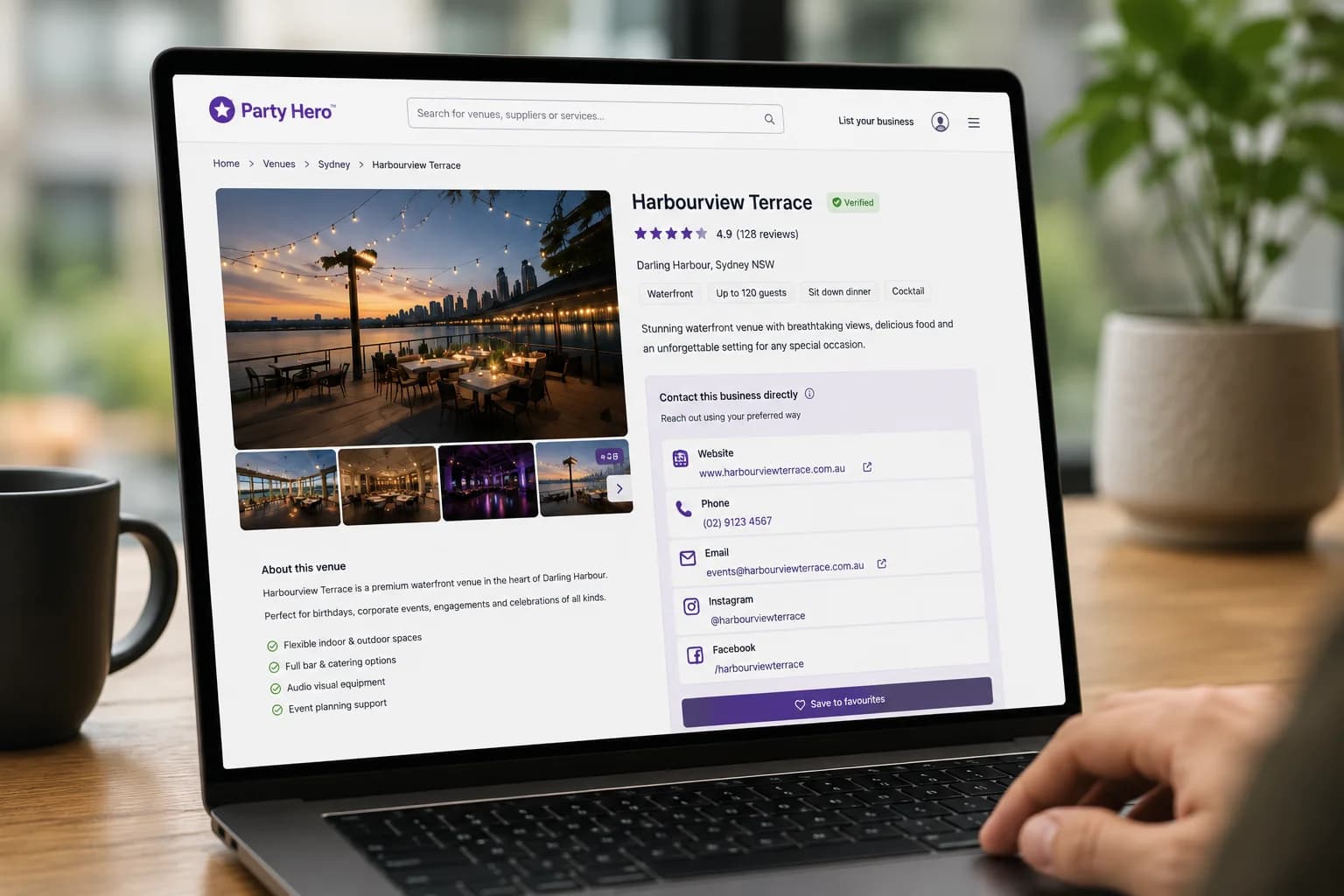 A Party Hero listing page showing website, phone, email and social contact details