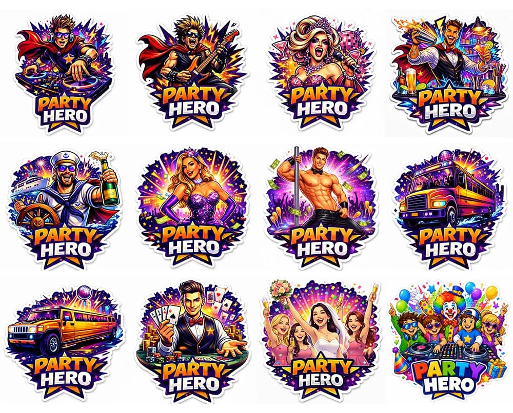 A grid of illustrated Party Hero character stickers